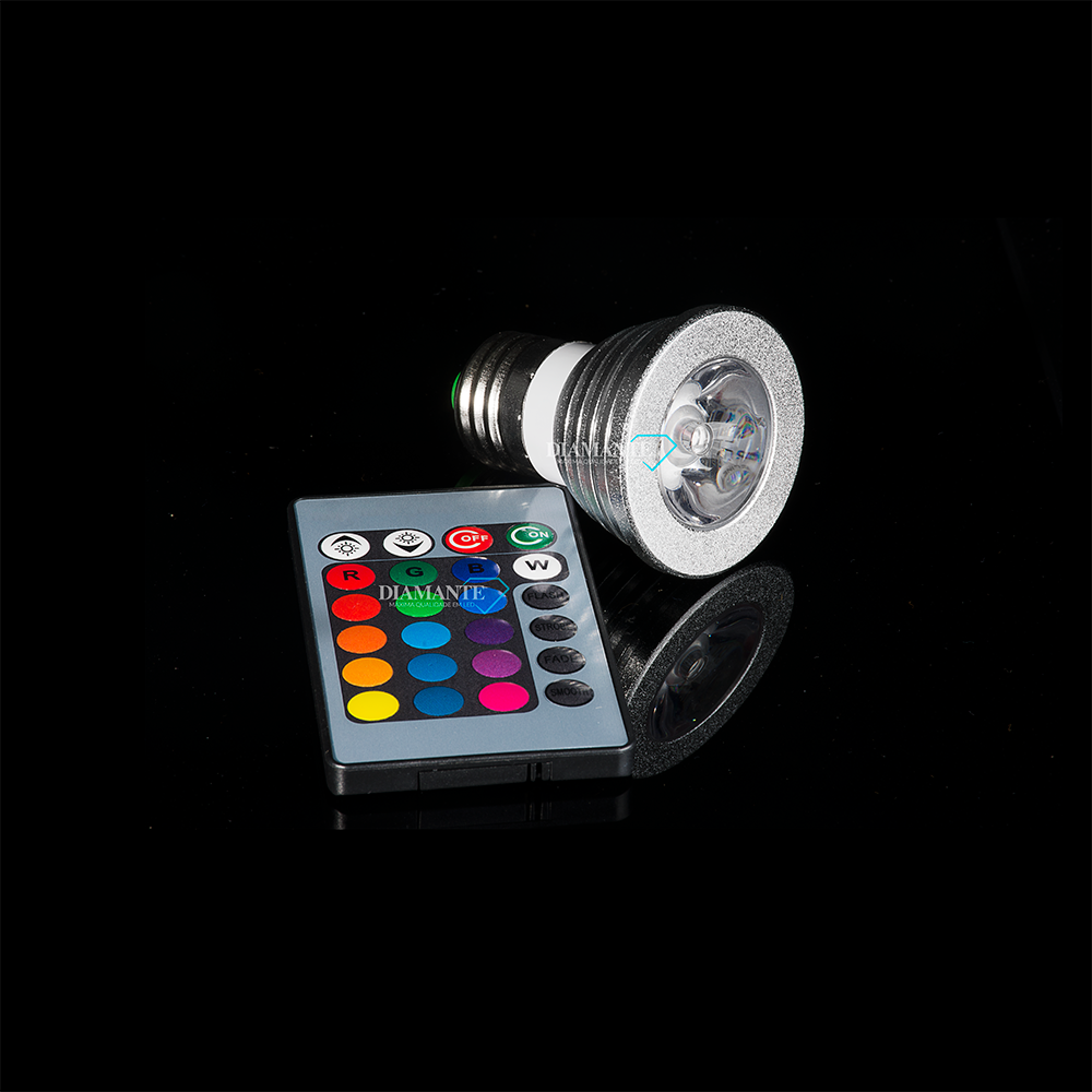 DICROICA COB DIAMANTE E-27 3W RGB C/ CONTROLE REMOTO